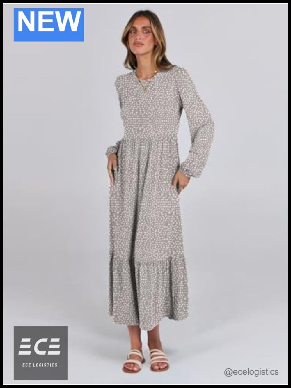 Women's Long Sleeve Flowy Tiered Midi Dress A-Line Crew Neck Pockets - Picture 2 of 6